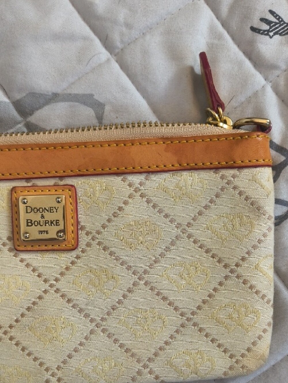 Dooney & Bourke Cream Canvas Wristlet with Tan Leather Trim and Gold Hardware - Picture 7 of 10